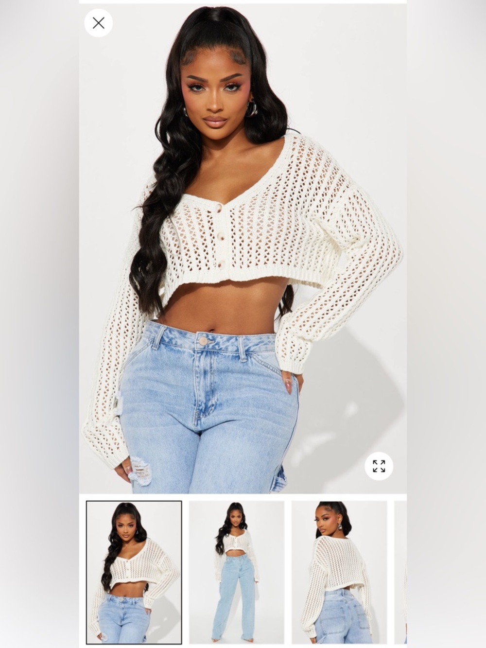 Women's Cropped Open-Knit Button Cardigan Sweater - White